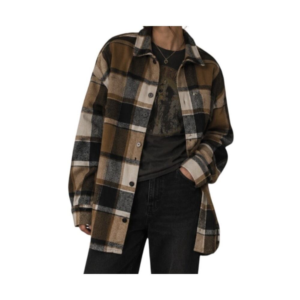 Brown Black Plaid Shacket Button Up Overshirt Grunge Indie Western Cozy